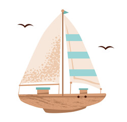 Flat vector illustration of a nautical boat. Ship. Marine journey illustration.