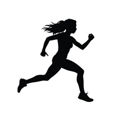 Silhouette of a woman running with flowing hair and athletic build, in motion