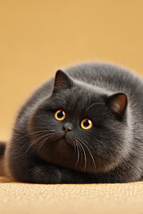 Black fluffy cat on a beige background, very cute