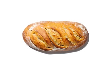 Fototapeta premium Golden brown artisan bread loaf with scoring and dusting of flour on white