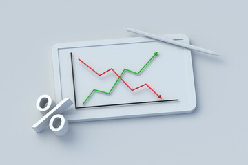 Obraz premium Stagflation concept. Persistent inflation. Analysis of money devaluation. Economic recession. Business and finance. Graph on chalkboard on office workspace. 3d render