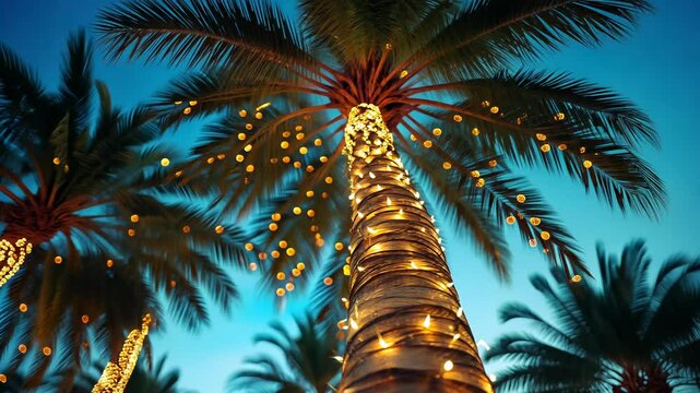 Glowing string to lights create a magical ambiance on a palm tree, adding a charm of festive touch christmas a beautiful sunset