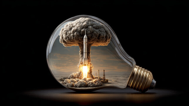 A rocket launching inside a light bulb, representing a bright idea and innovation.