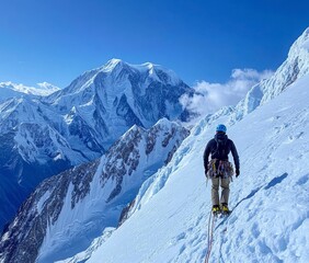 Climber Ascending Mountain Ridge Under Clear Sky