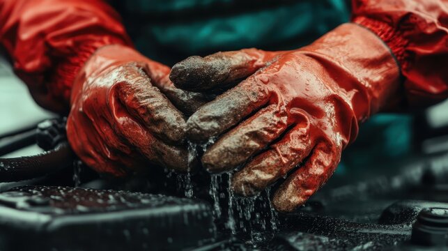 Close-up of dirty, gloved hands washing themselves, suggesting hard work and maintenance, perhaps related to automotive care or machinery service.