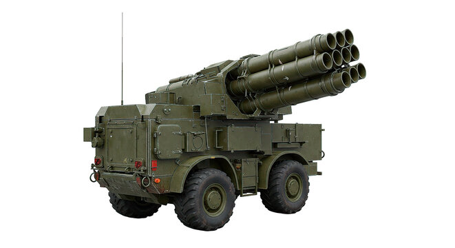 A military multiple rocket launcher is shown in this detailed image, ready for action.