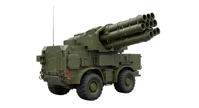 A military multiple rocket launcher is shown in this detailed image, ready for action.