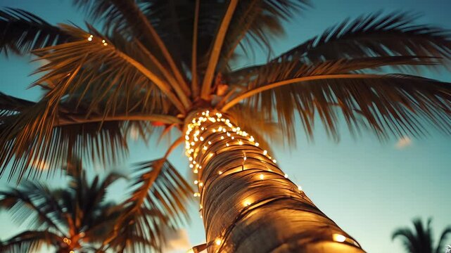 charm string tree, lights create a magical ambiance on a palm christmas adding Glowing touch of festive a to a beautiful sunset