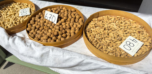 fresh Various of nuts at a Greek weekly market