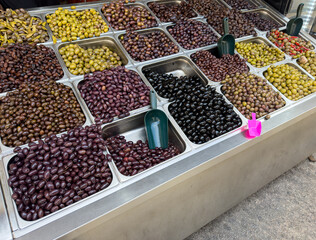 fresh Various olives at a Greek weekly market