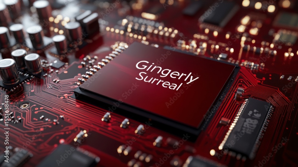 Poster closeup of a red circuit board with a glowing microchip detail