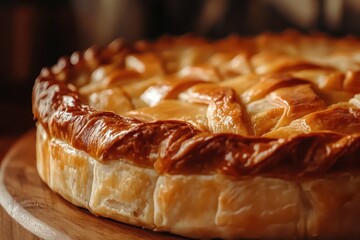 Golden apple pie on a wooden board, shiny crust, baked to perfection. Use for baking blogs, recipe articles, and promoting pastry shops.