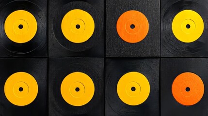 Fototapeta premium Vinyl records stacked high, illuminated by studio lighting, surrounded by a vast music collection, set against a blurred background with a nostalgic design