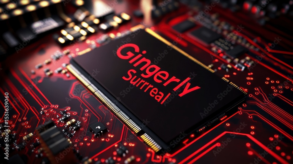 Poster closeup of red circuit board with black microchip featuring glowing text
