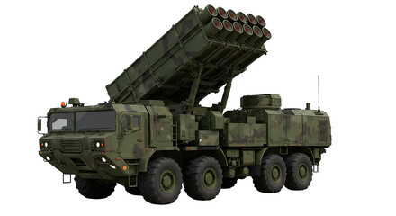 A military howitzer, in camouflage, with its multiple rocket launcher pointing upwards, ready for combat.