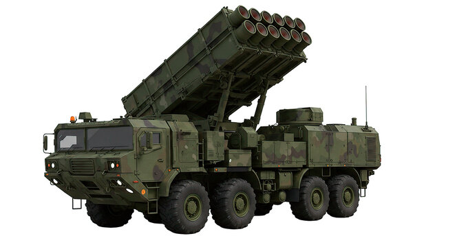 A military howitzer, in camouflage, with its multiple rocket launcher pointing upwards, ready for combat.
