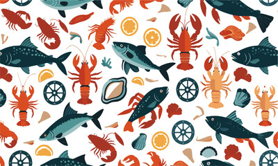 A seamless nautical seafood-themed vector pattern featuring stylized marine elements, lobsters, crabs, shrimp, oysters, clams, and squid rings. Include additional nautical symbols, easily editable.