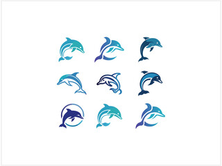 Collection of Cute Dolphin Logos in Various Styles , Nine stylized dolphin logos in various poses, showcasing playful and dynamic action.