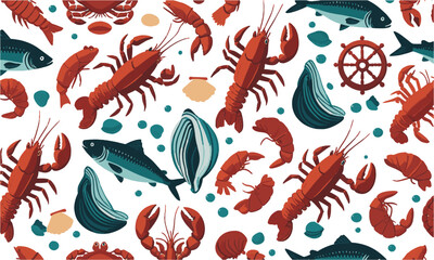 A seamless nautical seafood-themed vector pattern featuring stylized marine elements, lobsters, crabs, shrimp, oysters, clams, and squid rings. Include additional nautical symbols, easily editable.