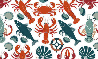 A seamless nautical seafood-themed vector pattern featuring stylized marine elements, lobsters, crabs, shrimp, oysters, clams, and squid rings. Include additional nautical symbols, easily editable.
