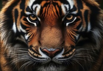 Fototapeta premium Closeup Portrait Of A Tiger Intense Gaze, Orange And Black Stripes, Dark Background