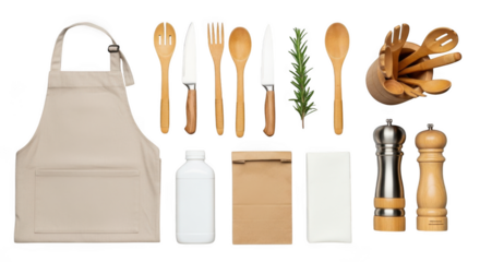 Kitchen utensils apron and seasoning grinders isolated on transparent background