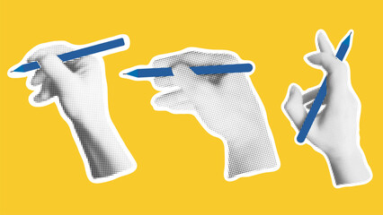 Set of female hand with pen in halftone style. Concept of signing, taking notes, writing. Silhouette of hand with pencil isolated on yellow background. Vector elements