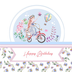 watercolor illustration of a girl on bicycle with flowers