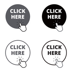 Black and gray click here round button with a hand clicking on a white background