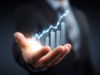 A businessman presenting a glowing performance graph in his hand to illustrate growth, generated image