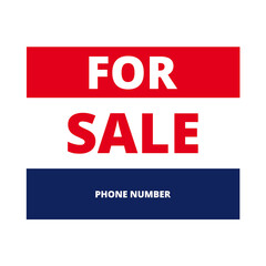 Red, blue and white for sale sign on a white background