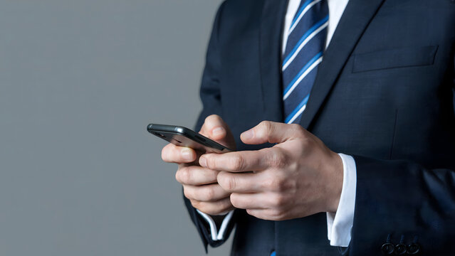 A businessman in a sharp navy suit uses his smartphone professionally demonstrating modern business communication and technology integration.