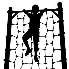 Silhouette of child climbing jungle gym on white background, playground adventure safety