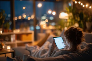 teen from behind using tablet on couch