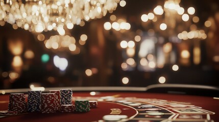 Close Up Of Casino Game Table With Chips And Dice