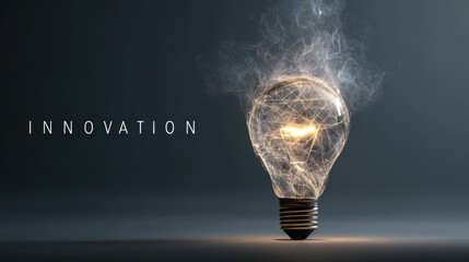 A glowing light bulb signifies innovation and creative thinking on a dark backdrop.