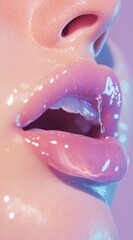 Fototapeta premium Close Up Of Glossy Pink Lips With Glitter And Soft Purple Lighting