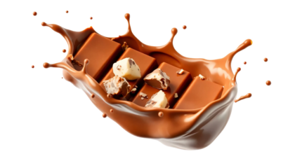 Chocolate splash with chocolate bar pieces isolated on transparent background