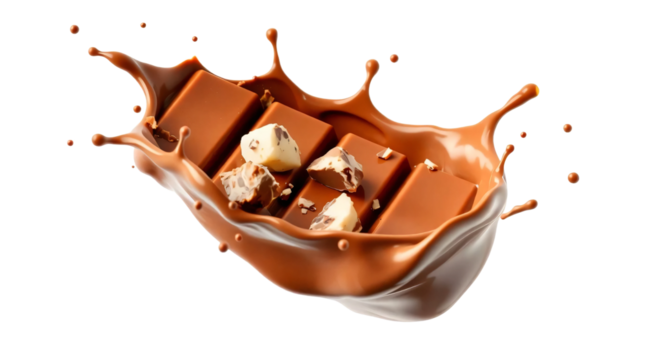 Chocolate splash with chocolate bar pieces isolated on transparent background