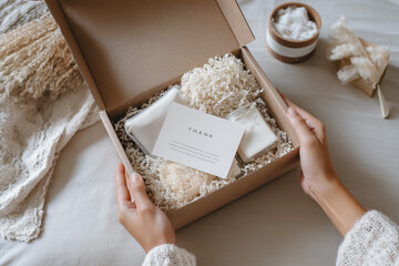 Top-down view of hands opening minimalist white subscription box with clean beauty products