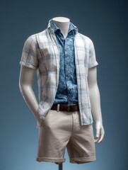 Mannequin displays summer attire open plaid shirt floral buttonup khaki shorts with belt