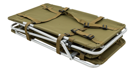 A folded military cot made of canvas and a metal frame with fastening straps.