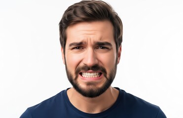 Fototapeta premium Bearded man clenches teeth tightly, showing inner tension and emotional stress through vivid facial expression