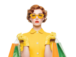 Stylish woman in retro fashion holding colorful shopping bags and wearing bold yellow outfit, sunglasses and gloves, representing shopping and fashion trends
