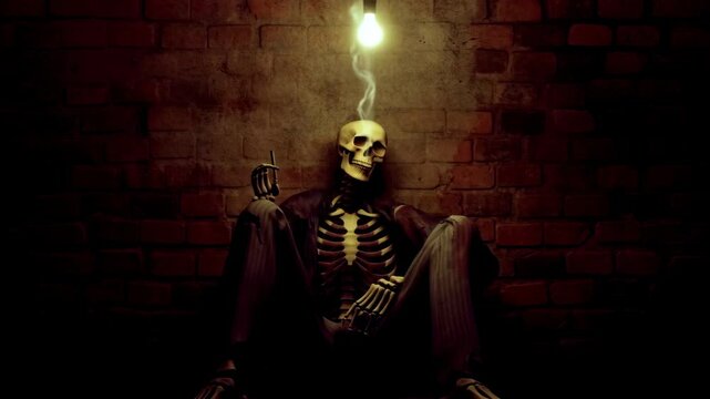 Slow zoom in on a smoking skeleton sitting against a dark brick wall under a single hanging lightbulb