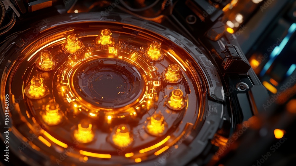 Poster close up view of a glowing orange circular mechanism in a dark futuristic setting