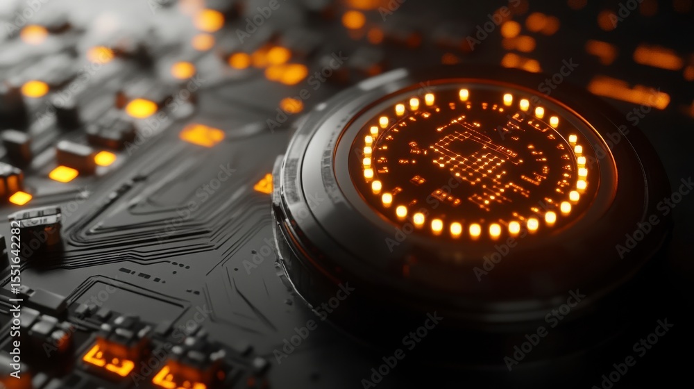 Poster close up view of glowing orange circuit board with metallic component