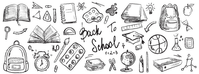 Back to school concept. 1st September. Stationery equipment in black brush stroke texture isolated on white. Hand drawn vector sketch illustration in vintage charcoal ink. Books, backpack