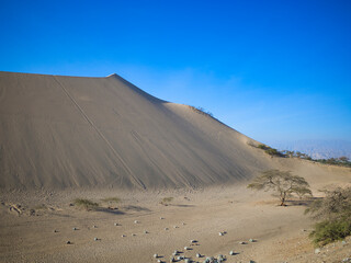 Peru, Desert of Ica, Huacachina dune sands and blue sky