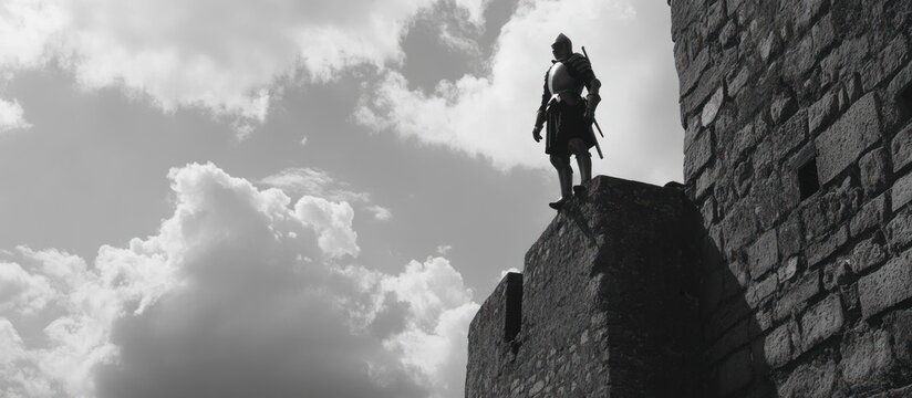 Medieval knight on castle wall, cloudy sky. Historical film still